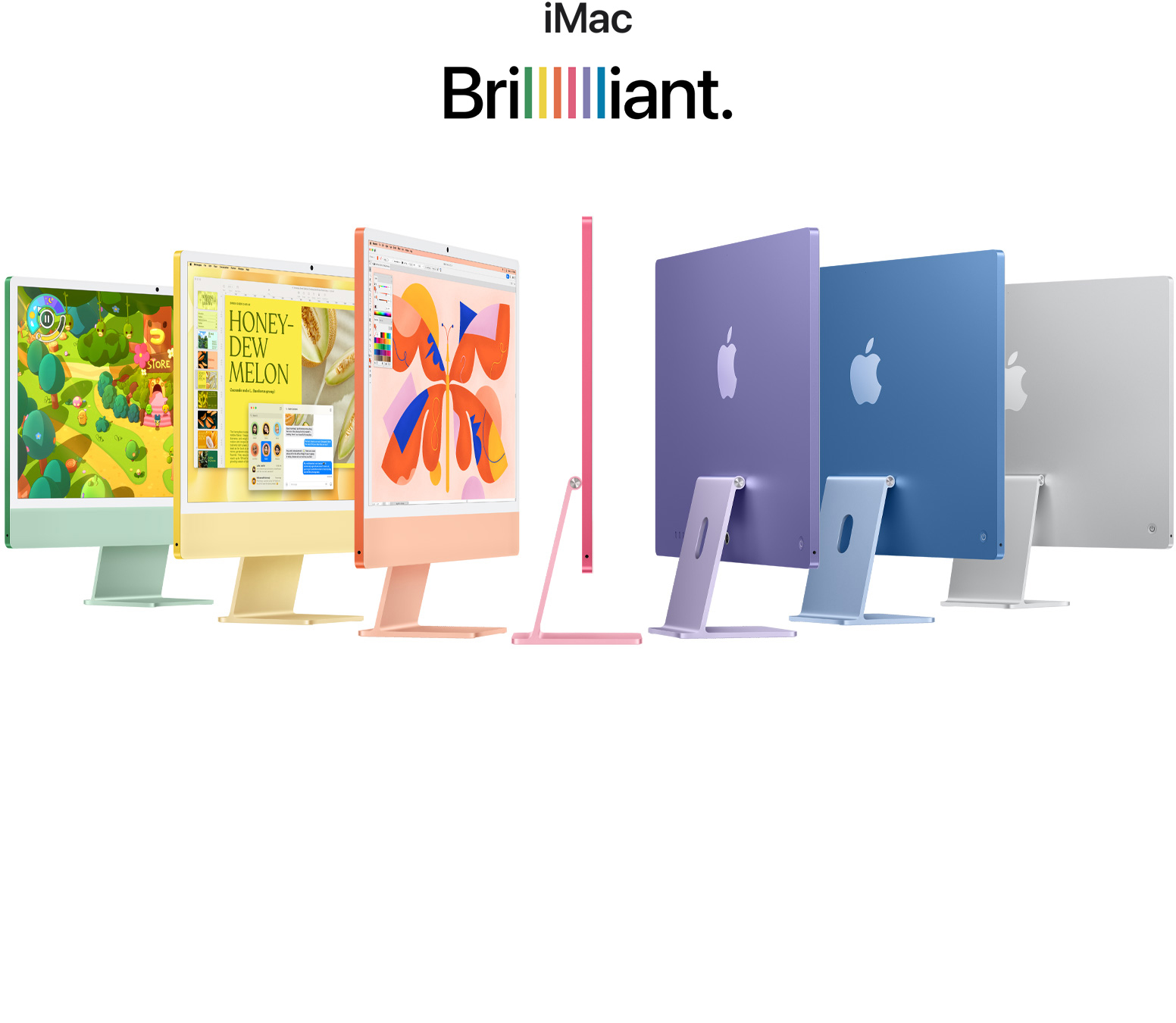 iMacs in different colors (Green, Yellow, Orange, Pink, Purple, Blue, Silver) in a accordion arrangement