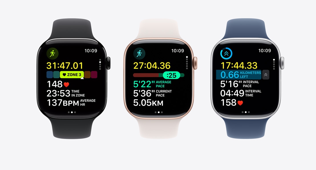 Three Apple Watch Series 10. The first shows Heart Rate Zones in a workout, the second shows Pacer, and the third shows a custom workout with intervals.