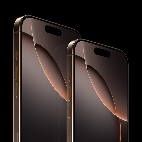 6,9-palcový iPhone 16 Pro Max a 6,3-palcový iPhone 16 Pro, pohľad spredu, akčné tlačidlo, tlačidlá hlasitosti, Dynamic Island hore v strede