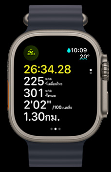 Apple Watch Ultra 2 สาธิตการว่ายน้ำในแหล่งน้ำเปิดโดยมีการแสดงเวลา แคลอรี่ และเพซ