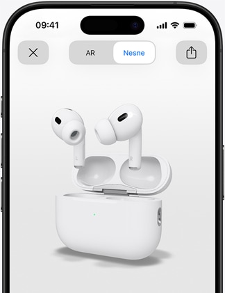 iPhone ekranında AirPods Pro’nun artırılmış gerçeklik ile oluşturulmuş bir görseli gösteriliyor.