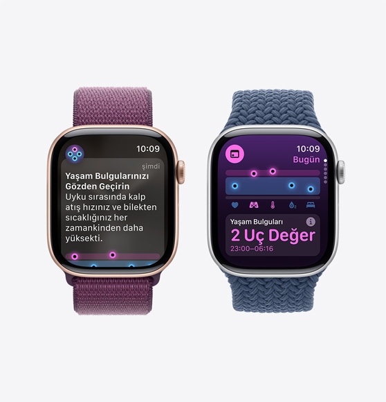 Apple Watch Series 10’da yaşam bulguları bildiriminiz görülüyor ve Apple Watch Series 10’daki Yaşam Bulguları uygulamasında gece boyu alınan yaşam bulgularındaki iki aykırı değer gösteriliyor.