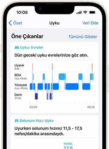 Sağlık uygulamasında Uyku Evreleri’ni gösteren bir iPhone.