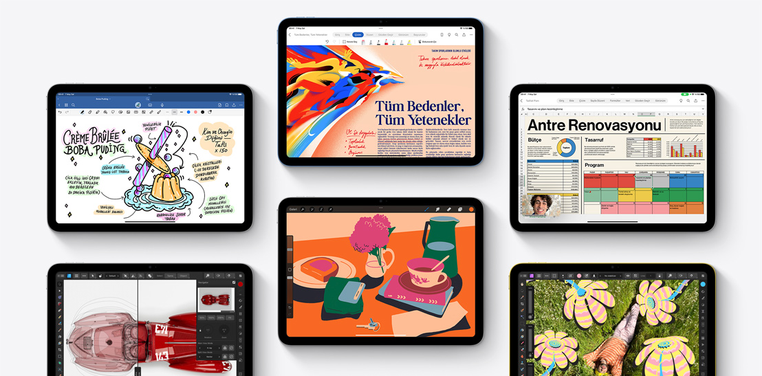 Ekranlarında Goodnotes 6, Affinity Designer 2, Microsoft Word, Procreate, Microsoft Excel ve Affinity Photo 2 gibi uygulamalar gösterilen altı farklı iPad..