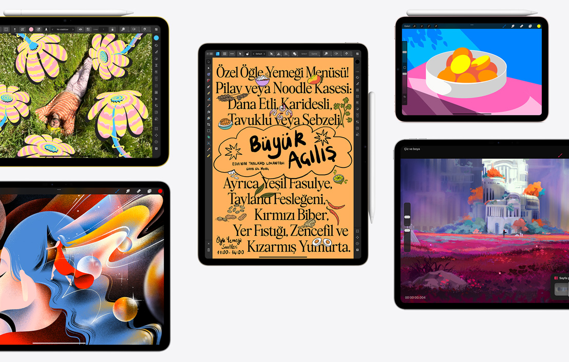 Ekranında Affinity Photo 2, Procreate, Affinity Designer 2 ve Procreate Dreams gibi farklı uygulamalar gösterilen beş farklı iPad.