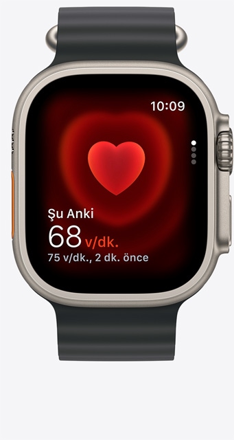 Apple Watch Ultra 2’de ölçülmekte olan nabzı 68 olarak gösteren Kalp Atış Hızı uygulamasının önden görünümü.