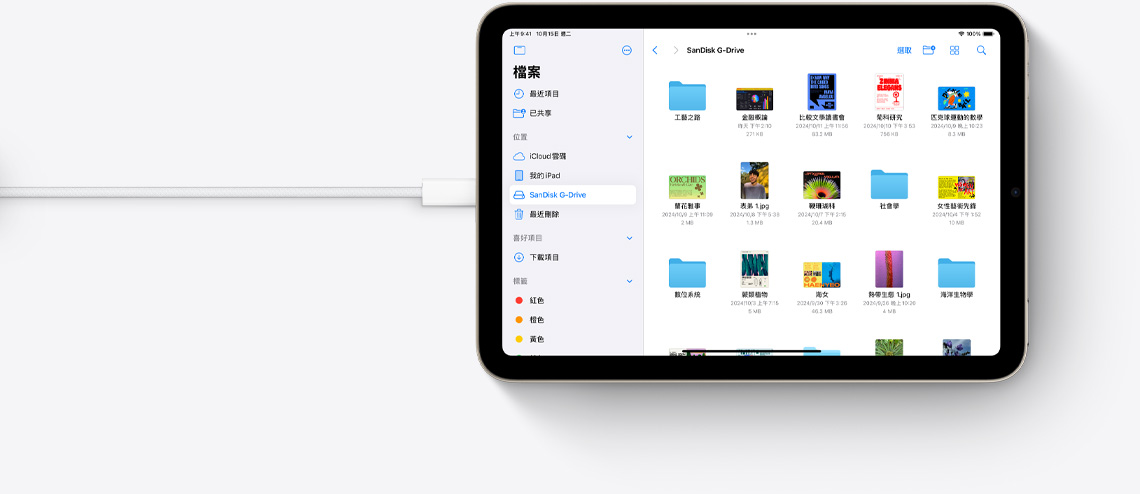 iPad mini 以橫向顯示檔案 app，同時連接 USB-C 連接線。