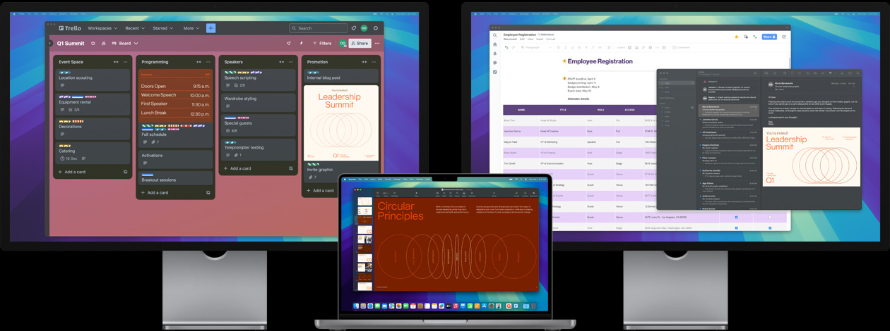 MacBook Pro 搭配兩部 Studio Display，螢幕畫面顯示使用者在準備領導人高峰會、在 Trello app 中追蹤工作事項、準備簡報，並透過電子郵件查看設計檔案