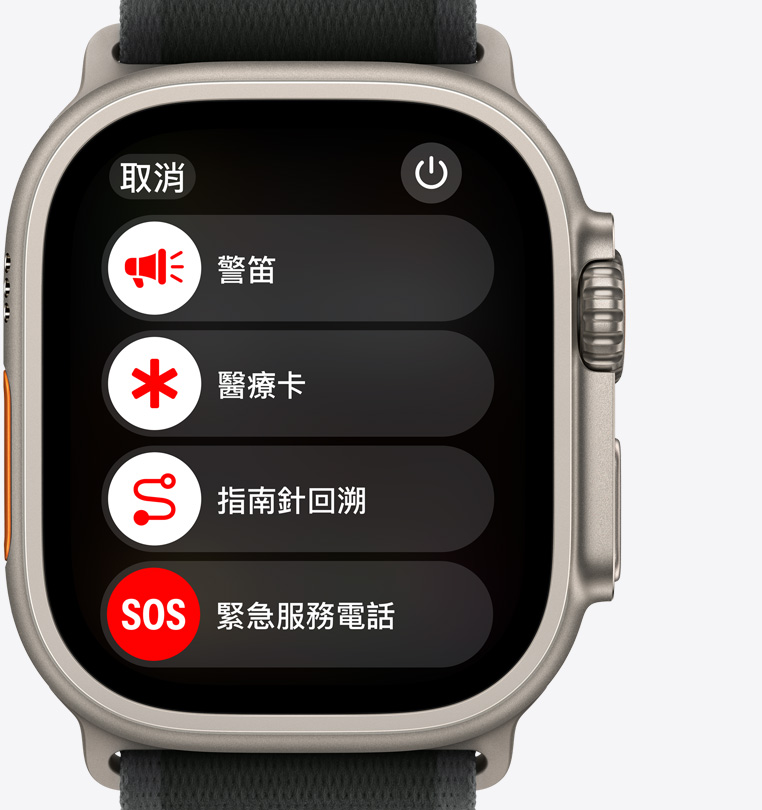 Apple Watch Ultra 2 的正面圖，顯示警笛、醫療卡、指南針回溯和緊急服務電話按鈕。