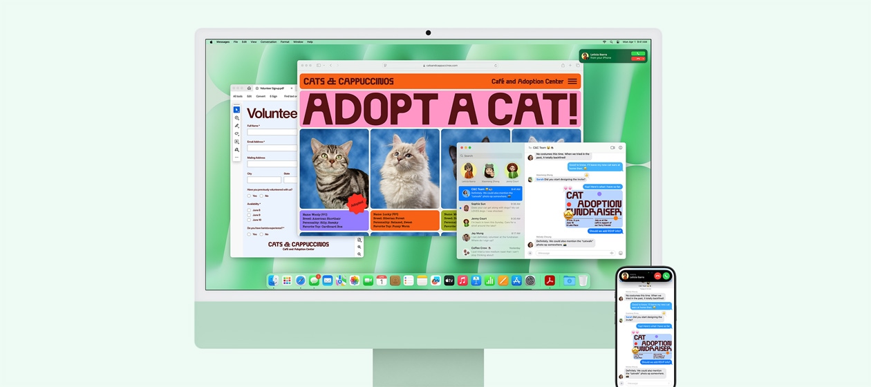 Зелений iMac та iPhone поруч. На екрані iMac відображається сповіщення про вхідний виклик з iPhone. Обидва пристрої відображають додаток «Повідомлення» з ідентичними текстовими розмовами