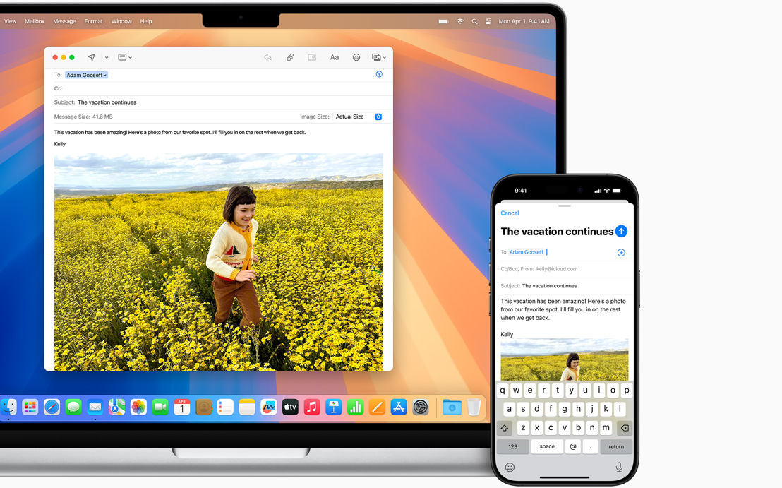 iPhone поруч з відкритим ноутбуком Mac демонструють можливість розпочати електронний лист на одному пристрої і продовжити його на іншому.