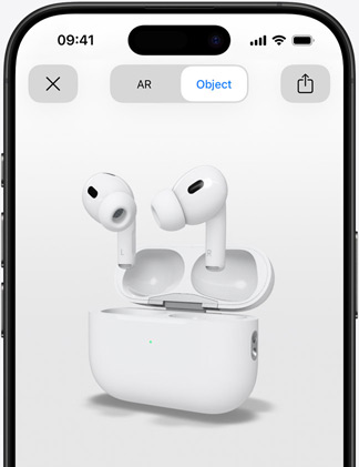 iPhone screen shows augmented reality rendering of AirPods Pro.