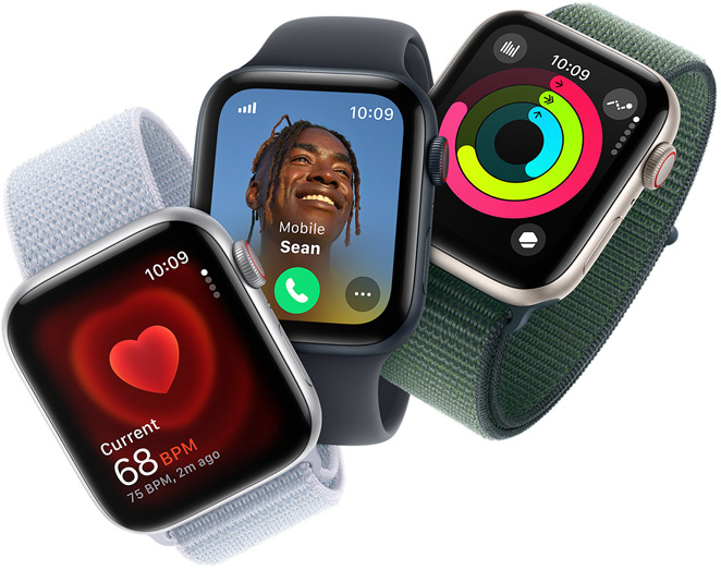 Three Apple Watch SE devices showing heart rate monitoring, an incoming call and activity rings