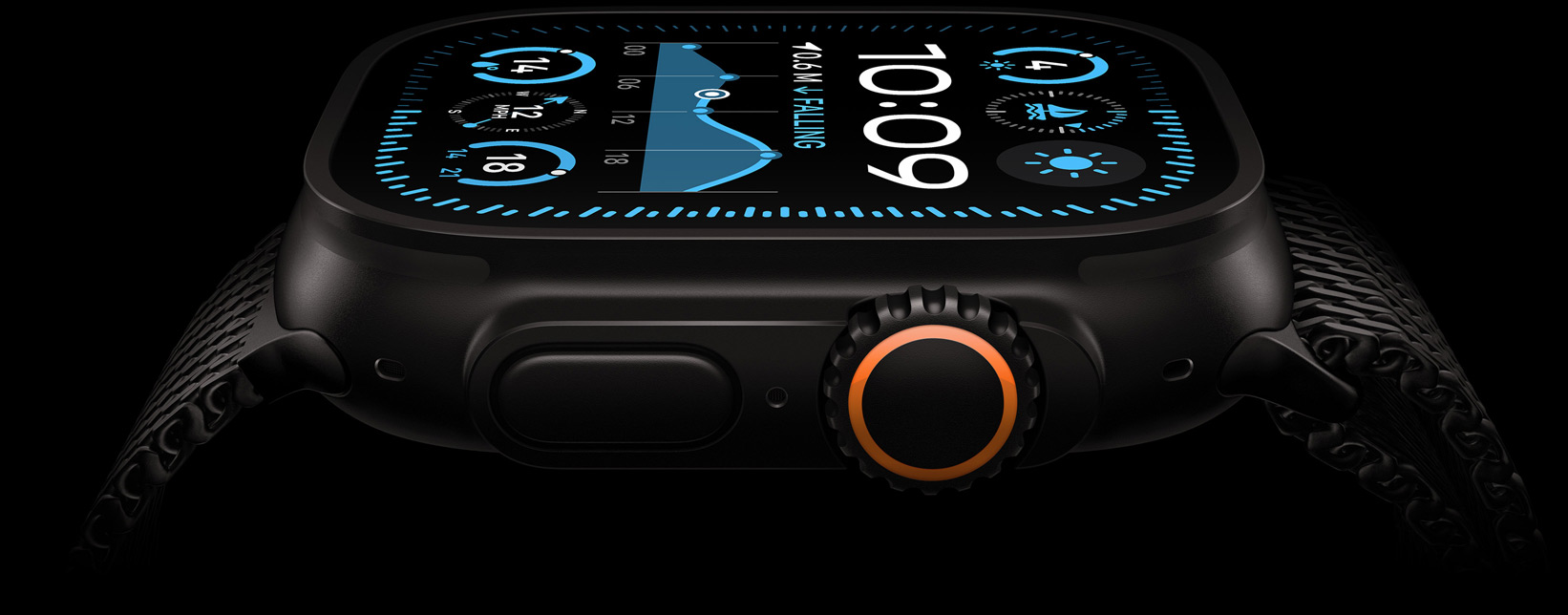 Apple Watch Ultra 2 screen, with a Black Titanium case, displaying the time and temperature.