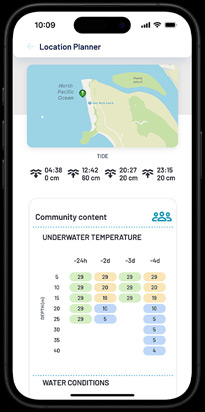 Local dive conditions with community feedback displayed as part of location planning.