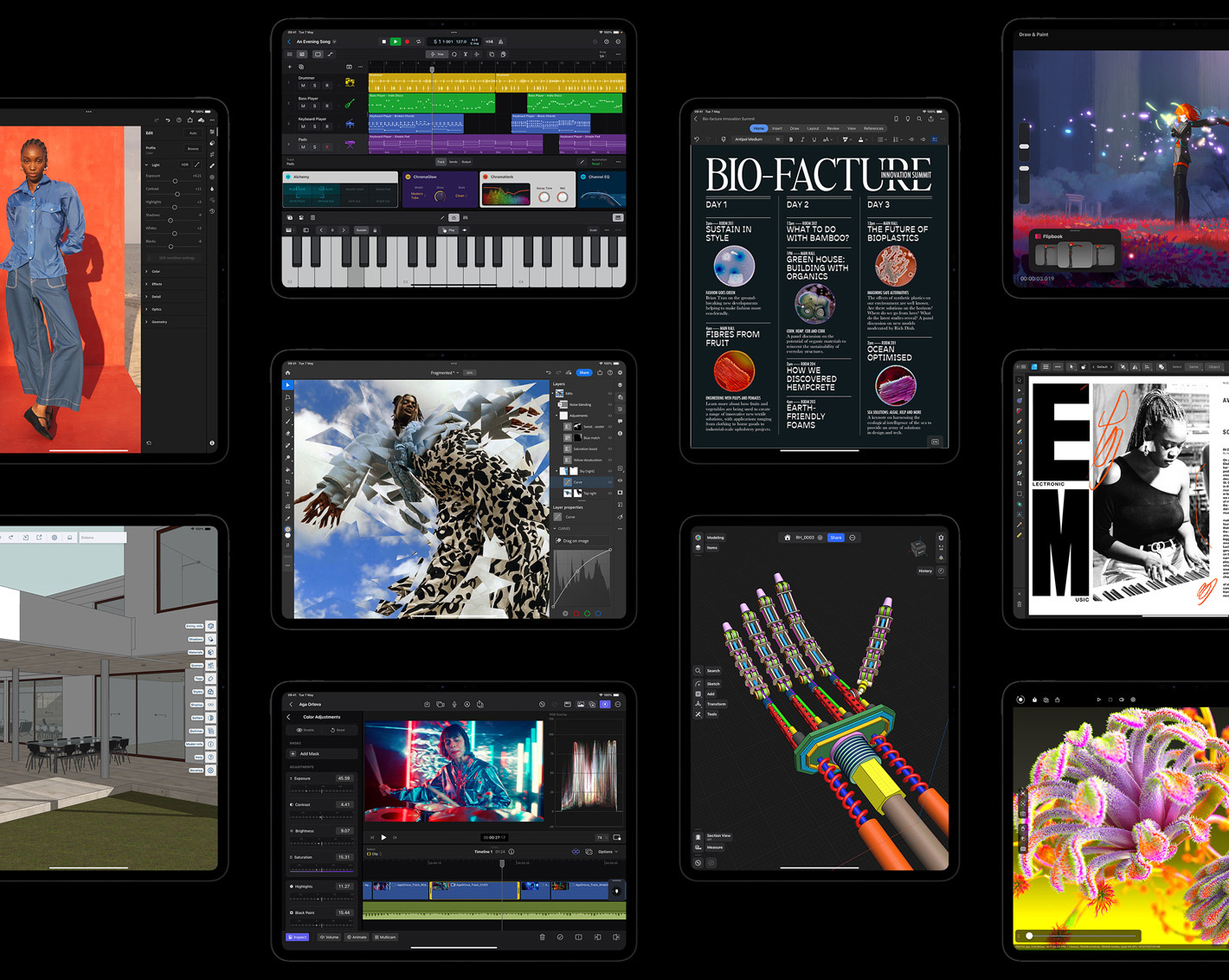 Ten iPad Pro displays showcasing different apps like - Adobe Lightroom, SketchUp, Logic Pro, Adobe Photoshop, Final Cut Pro, Microsoft Word, Shapr3D, Procreate Dreams, Affinity Designer 2, Octane X