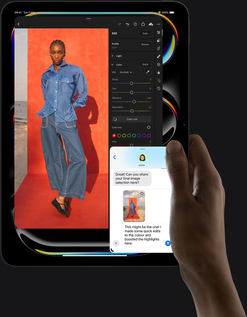 User is holding an iPad Pro, portrait orientation, displaying a photograph of a person being edited and an iMessage conversation happening at the bottom of the screen