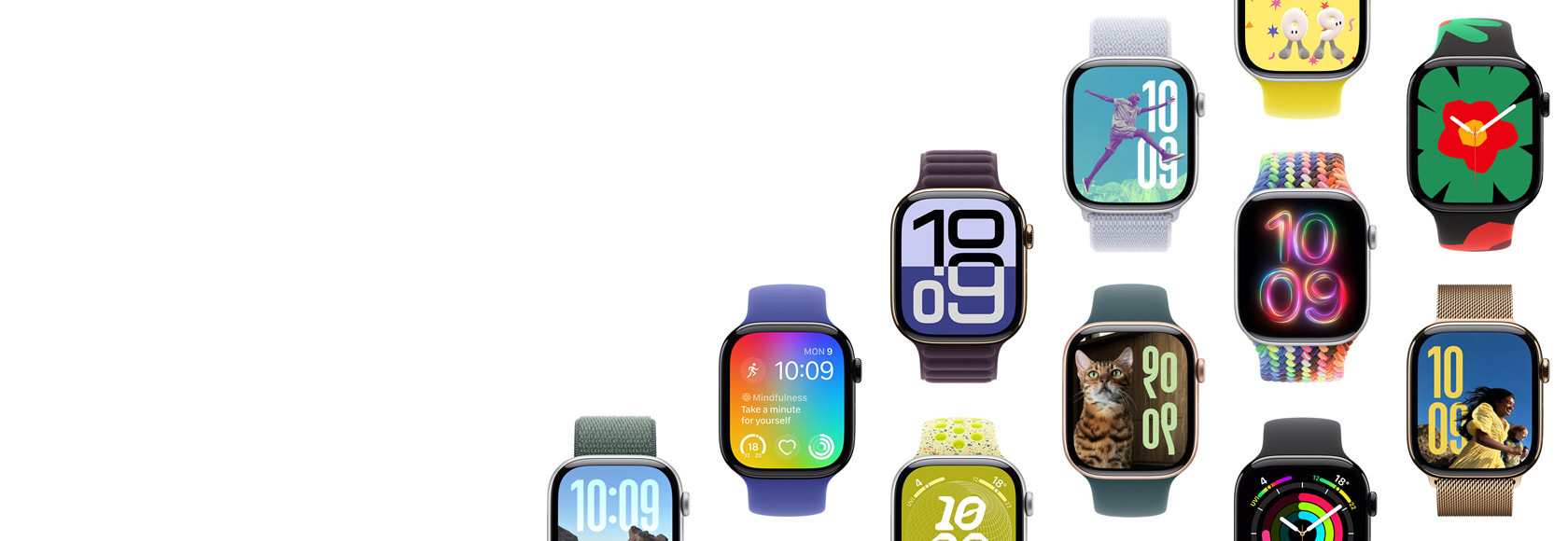 Many different case, band, and watch faces combinations to show the possibilities.