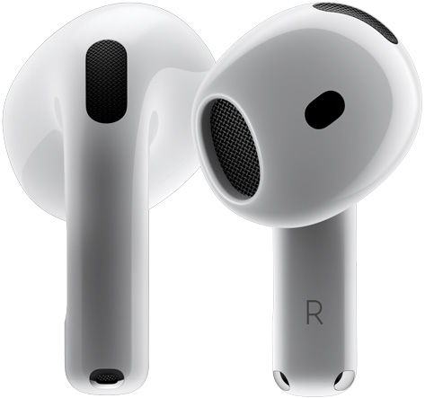 Due auricolari AirPods 4 che roteano l’uno intorno all’altro per poi fermarsi in due angolazioni diverse.