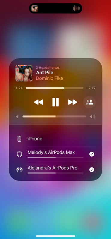 Image shows Audio Sharing card on-screen.