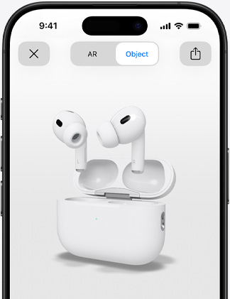 En iPhone-skærm viser AirPods Pro i en augmented reality-version.