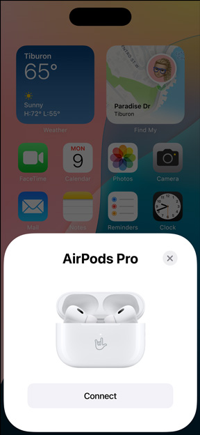 MagSafe Charging Case holding AirPods Pro next to iPhone. Small tile on iPhone home screen displays pop-up with connect button that easily pairs AirPods when tapped.