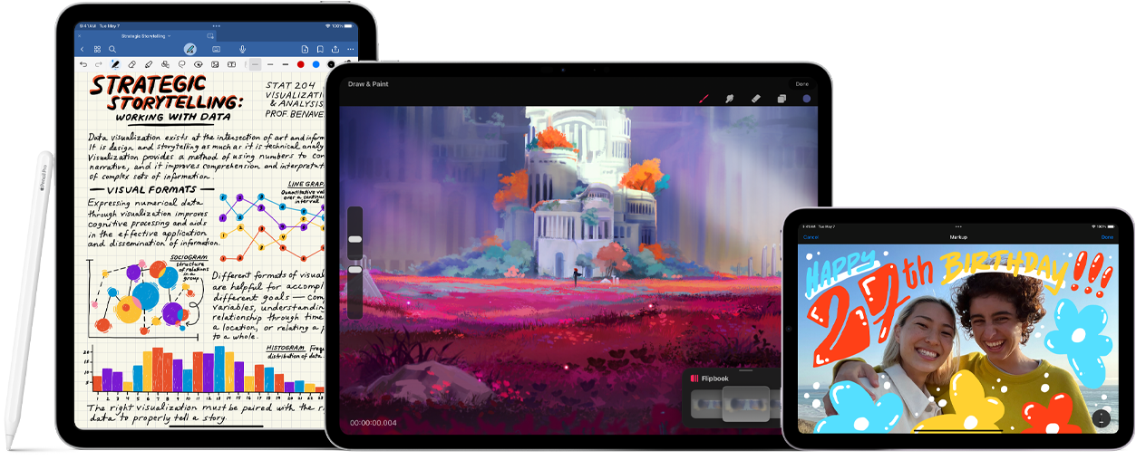 Tre iPads side om side med forsiden fremad. Til venstre en iPad (10. generation) i lodret position med Apple Pencil (1. generation). I midten en iPad Pro i vandret position. På skærmen vises en farverig tegning. Apple Pencil Pro er fastgjort øverst. Til højre en iPad mini i vandret position med Apple Pencil (2. generation) fastgjort på overkanten. En Apple Pencil (USB‑C) er placeret vandret foran iPad Pro og iPad mini.