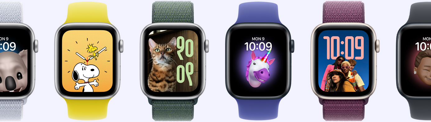 Șase dispozitive Apple Watch care prezintă diferite opțiuni de cadrane, inclusiv Memoji, Poze, Portret și Snoopy