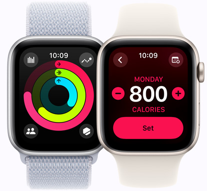 Două dispozitive Apple Watch SE afișează ecrane de activitate care arată inelele de activitate și obiectivele calorice