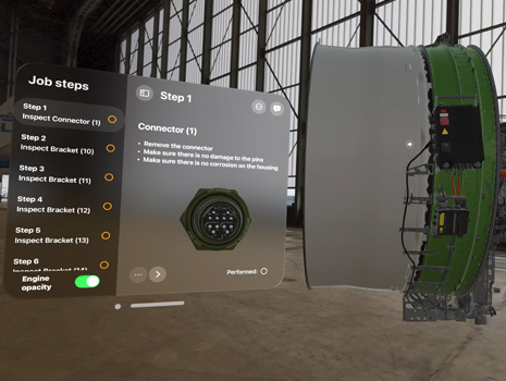 Spatial training of aeroplane mechanics, as see through Apple Vision Pro. It takes place in an aeroplane hanger.