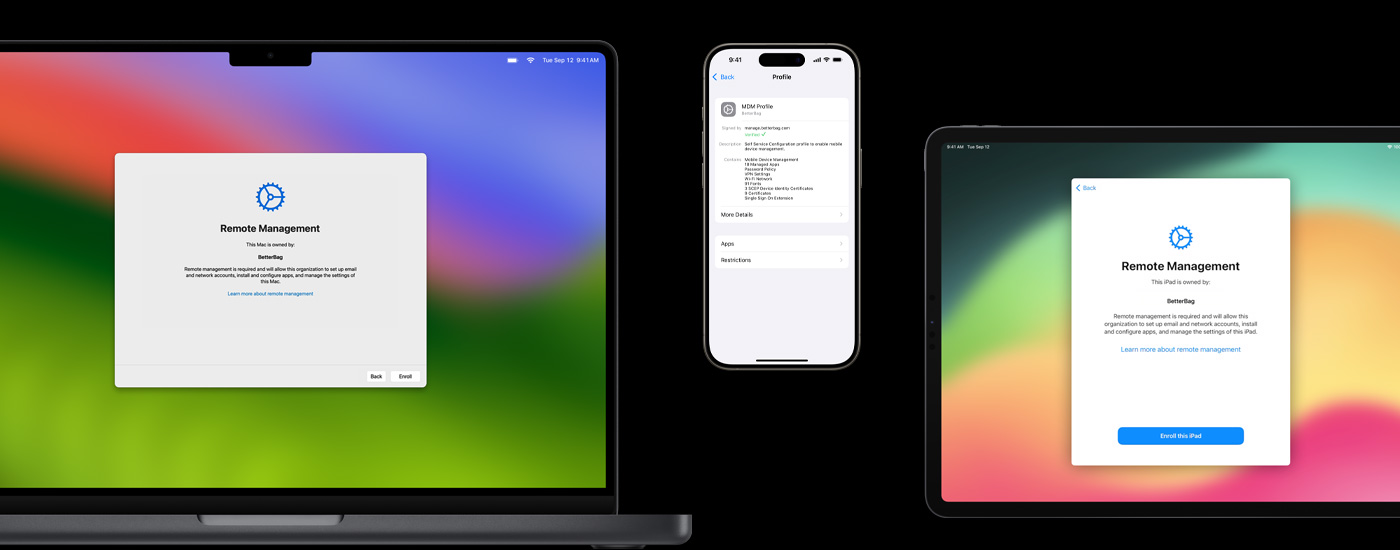 A Mac and an iPad showing Remote Management window. An iPhone showing MDM profile settings.