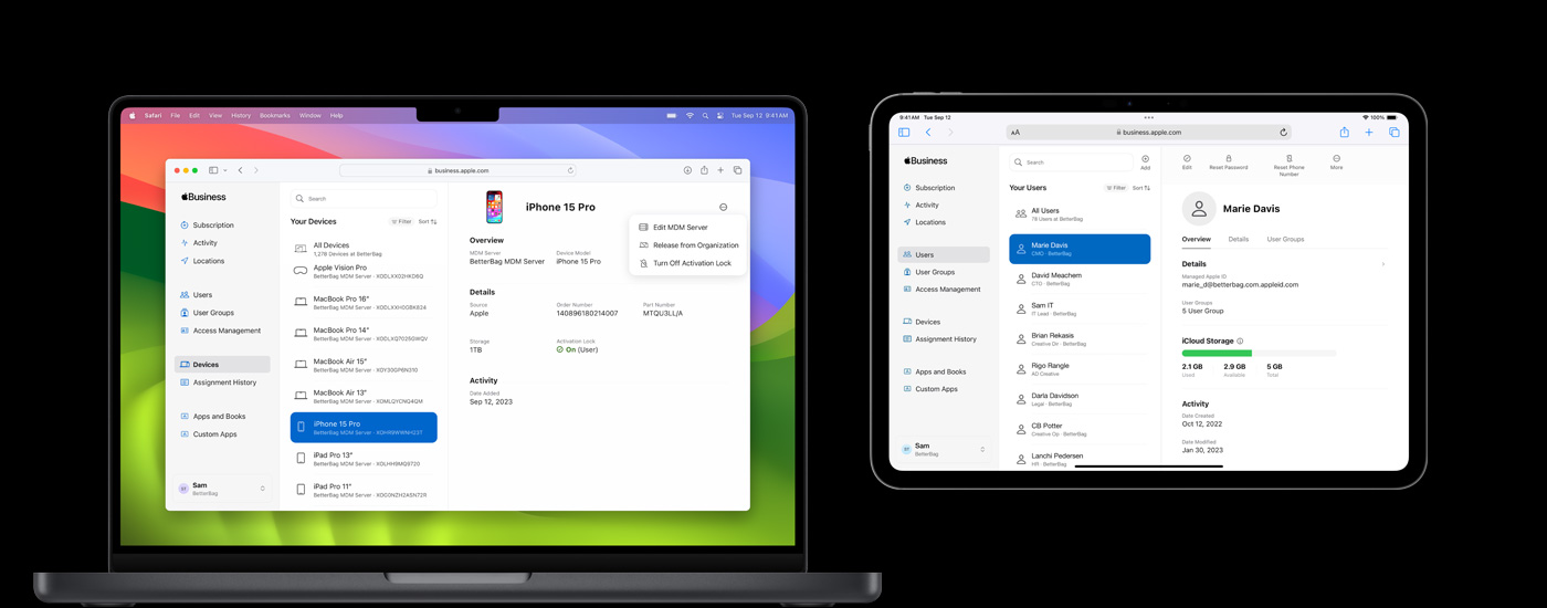 A Mac, an iPhone and an iPad displaying a Resource Management screen.