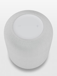 White HomePod on the screen of an iPhone in AR view.