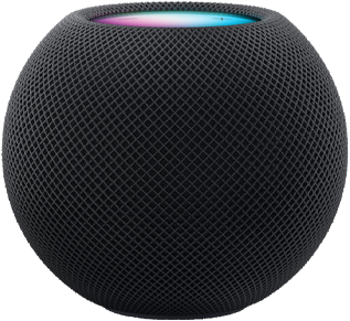 Midnight HomePod mini with colorful pixels in motion above it spelling the word “mini.”