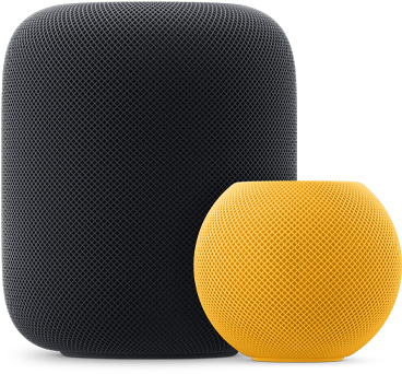 HomePod mini jaune placé à l’avant droit d’un HomePod minuit.