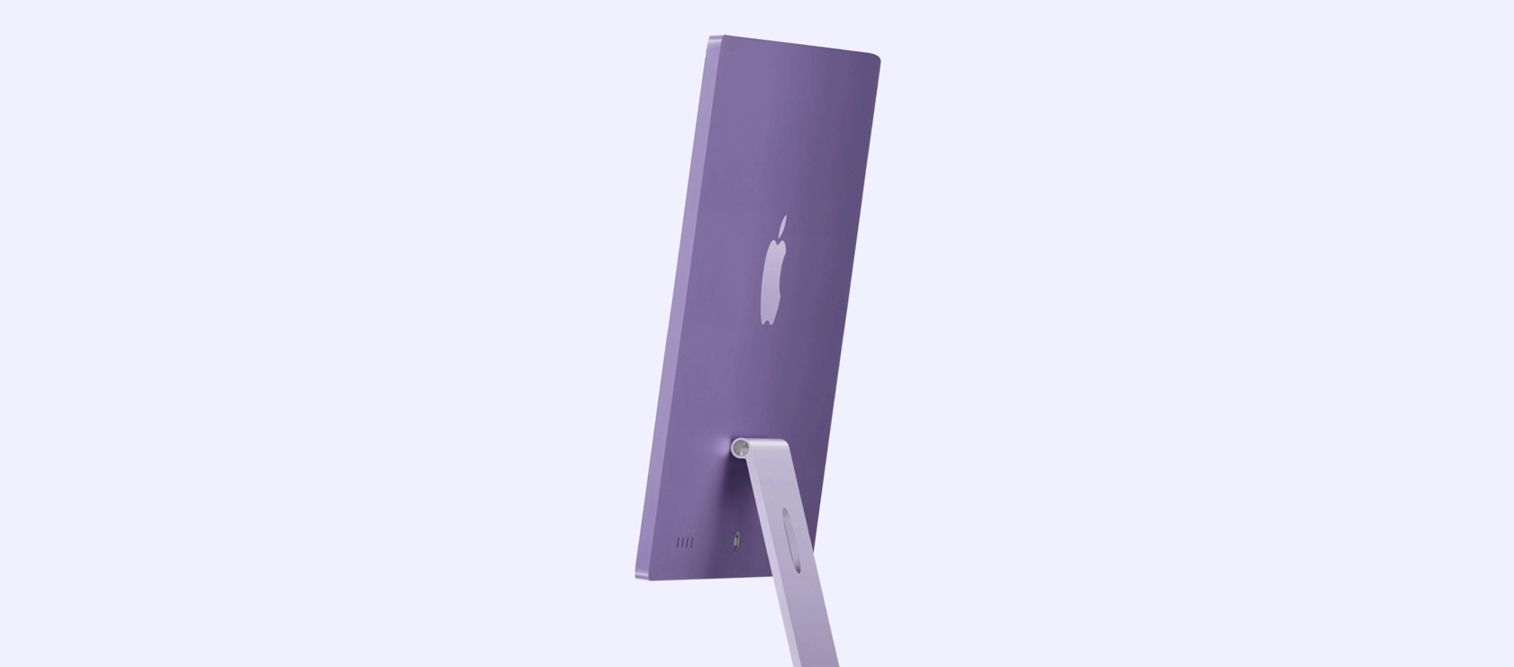 Vizualizare în unghi ascuțit a unui iMac Violet în poziție verticală