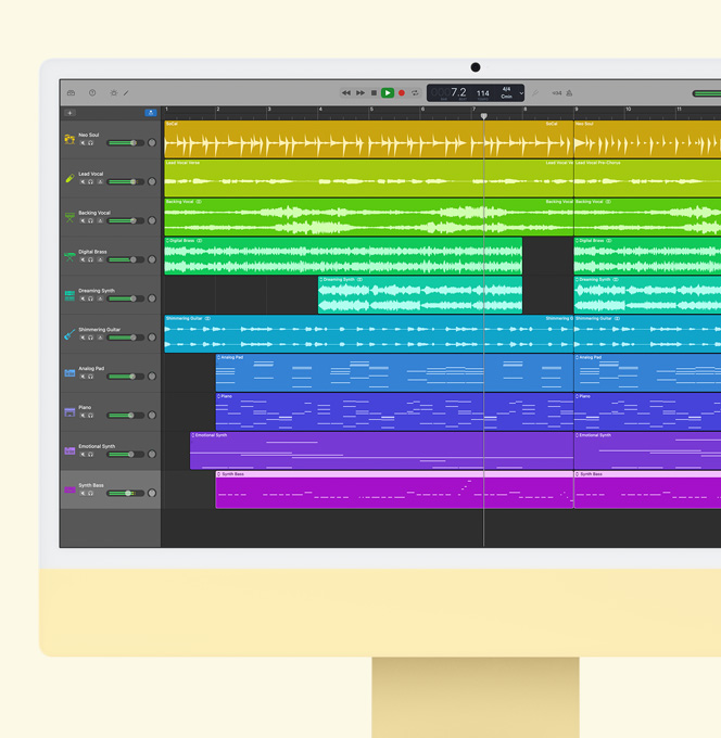 iMac Galben. Pe ecran se vede GarageBand