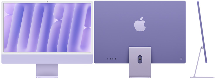 Front, back, and side view of iMac in purple