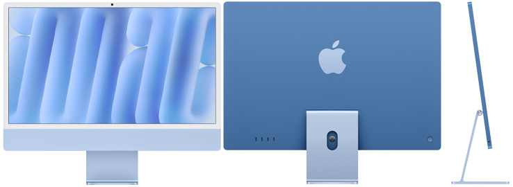 Front, back, and side view of iMac in blue