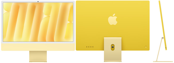 Front, back, and side view of iMac in yellow