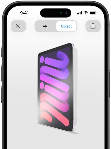 iPad mini з Apple Pencil Pro, прикріпленим угорі, в доповненій реальності на iPhone.