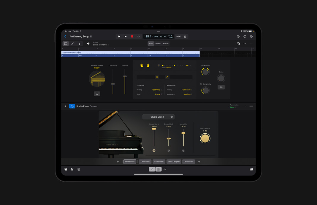 Laying down keyboard accompaniment on Logic Pro for iPad on iPad Pro.