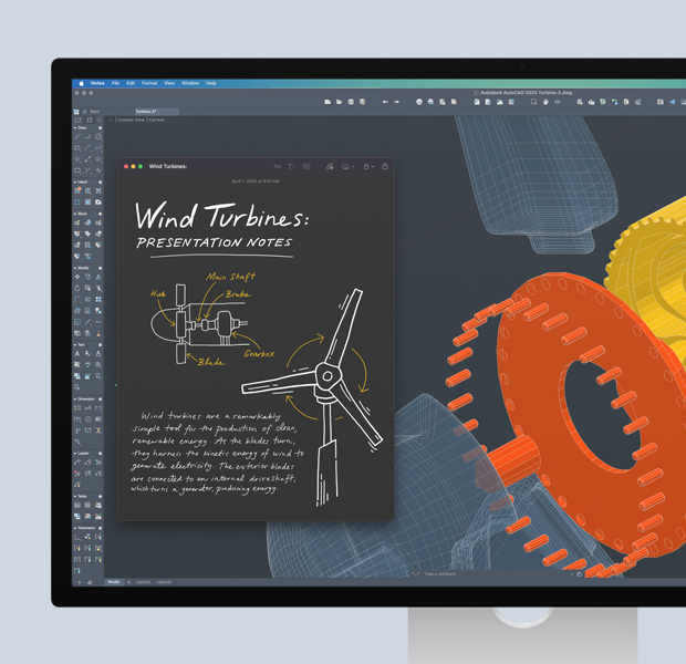 Displej, na ktorom vidieť otvorený projekt v programe Autodesk AutoCAD vrátane kresieb a poznámok