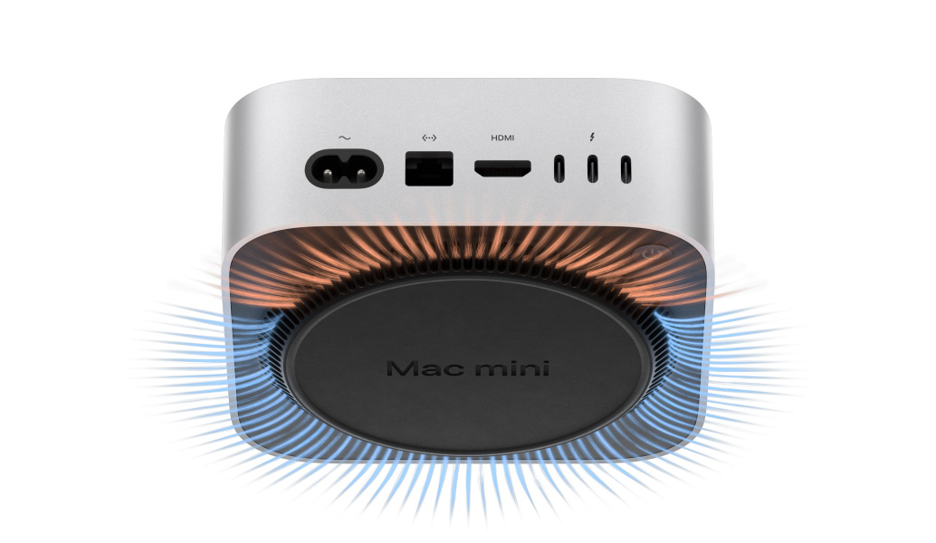 A view of Mac mini back ports, in a translucent illustration to show the thermal and ventilation systems underneath the aluminium enclosure