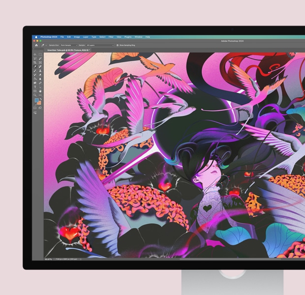 A display screen with a colourful image open in Adobe Photoshop