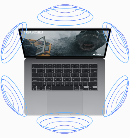 Pohled shora na MacBook Air s ilustrací, která ukazuje fungování prostorového zvuku při sledování filmu