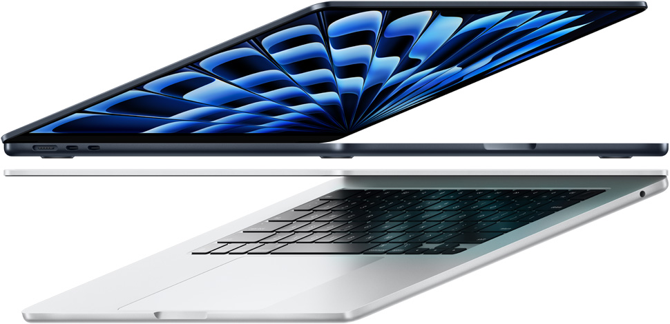 Pohled z boku na MacBook Air M3 v temně inkoustové a stříbrné