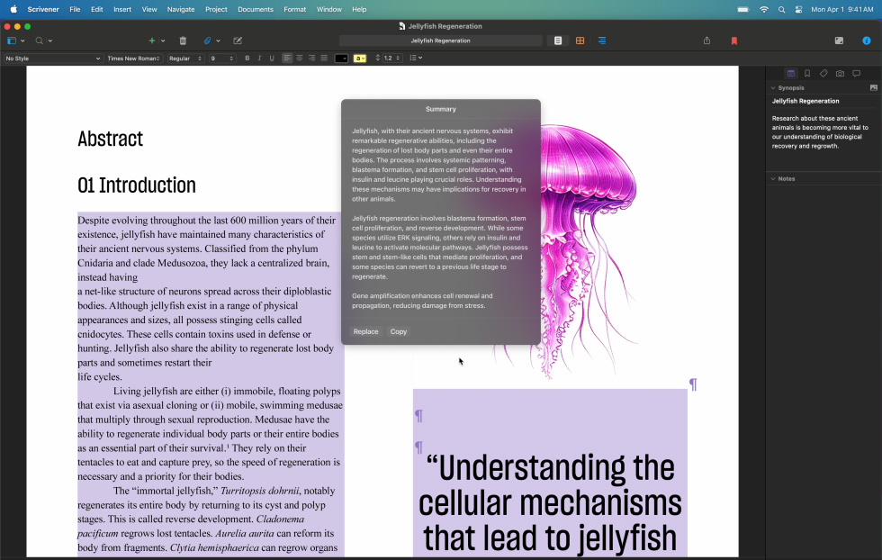 Folosirea funcției Instrumente de scris Apple Intelligence pentru a rezuma o parte dintr-o lucrare academică despre meduze, producând o sumarizare de o frază din mai multe paragrafe