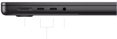 MacBook Pro 14-inch with M4, closed, left side, showing MagSafe 3 port, two Thunderbolt 4 ports and headphone jack