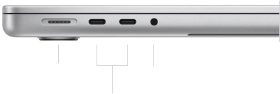 MacBook Pro 14-inch with M4 Pro or M4 Max, closed, left side, showing MagSafe 3 port, two Thunderbolt 5 ports and headphone jack